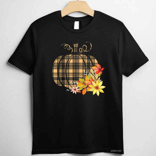 Plaid Pumpkin Flower Autumn Fall Graphic T-Shirt and Tee for Adults Men Women Unisex