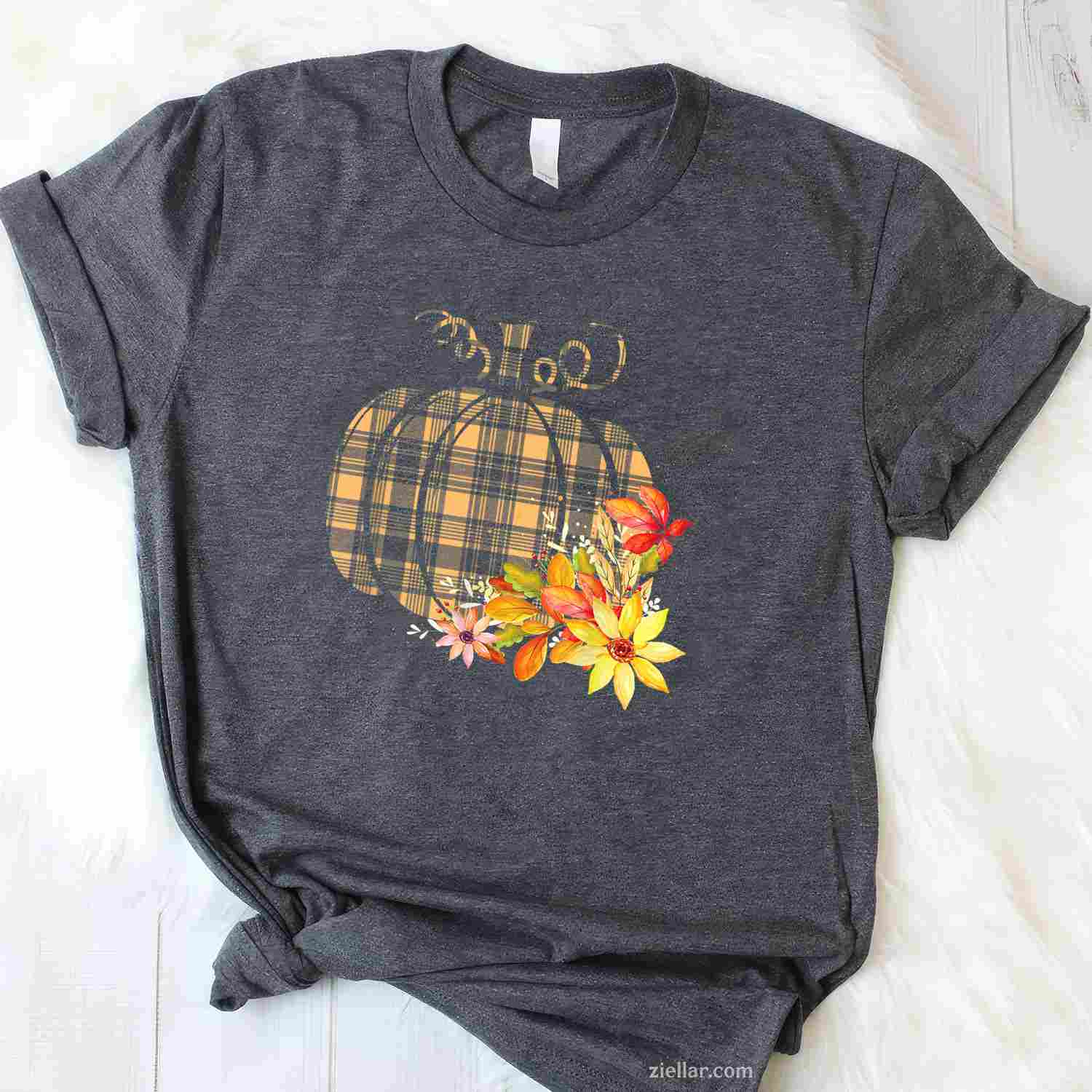 Plaid Pumpkin Flower Autumn Fall Graphic T-Shirt and Tee for Adults Men Women Unisex