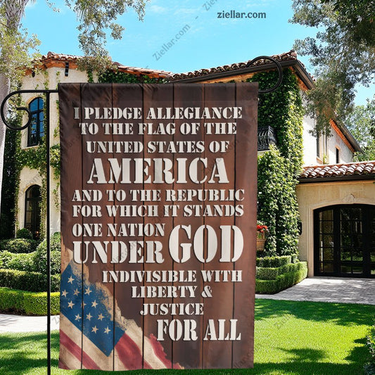Pledge of Allegiance Garden Flag Rustic Wood Look Patriotic Outdoor Yard Decor