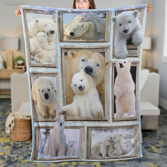 Polar Bear Family Quilt Blanket, Fleece Blanket Cozy Wildlife Animal Gift for Nature Lover