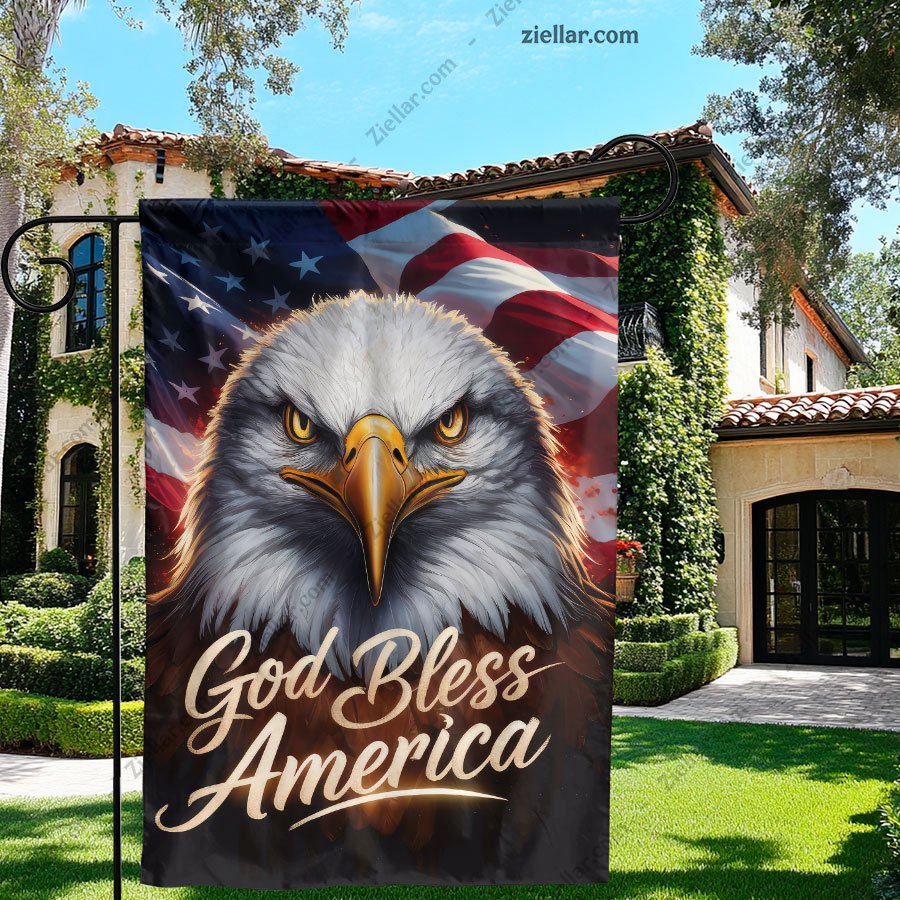 Powerful Bald Eagle and Waving American Flag Symbol of Freedom and Strength