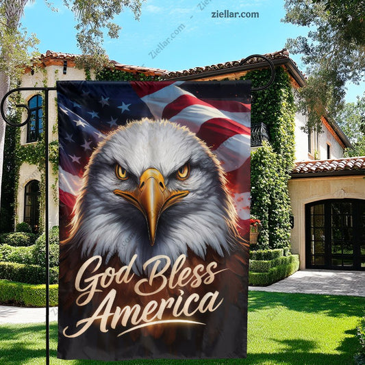 Powerful Bald Eagle and Waving American Flag Symbol of Freedom and Strength