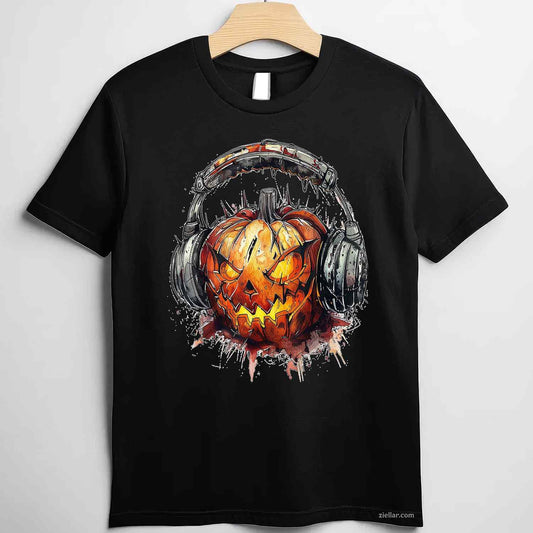 Pumpkin Costume Halloween Graphic Headphone Art Pumpkin Tee, Halloween T-Shirt for Men Women Adults Unisex, Vintage Retro Graphic, Funny Novelty Gift