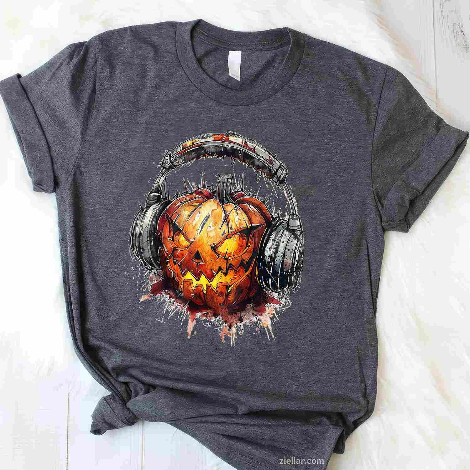 Pumpkin Costume Halloween Graphic Headphone Art Pumpkin Tee, Halloween T-Shirt for Men Women Adults Unisex, Vintage Retro Graphic, Funny Novelty Gift