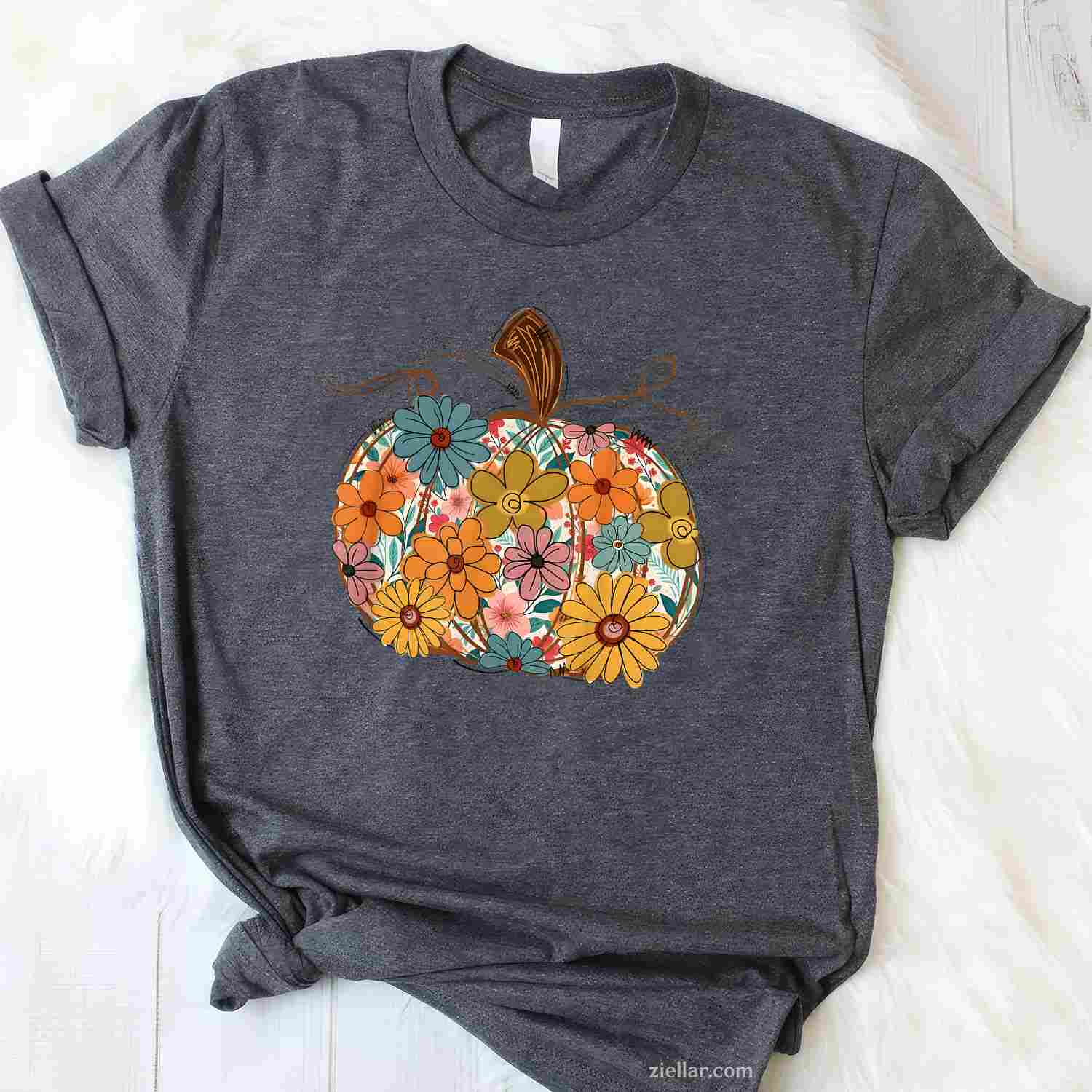 Pumpkin Floral Autumn Fall Season Wildflower Thanksgiving T-Shirt and Tee for Adults Men Women Unisex
