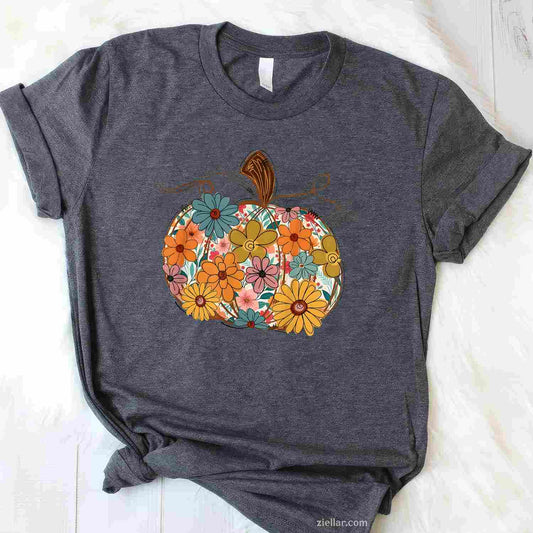 Pumpkin Floral Autumn Fall Season Wildflower Thanksgiving T-Shirt and Tee for Adults Men Women Unisex Tee Gift