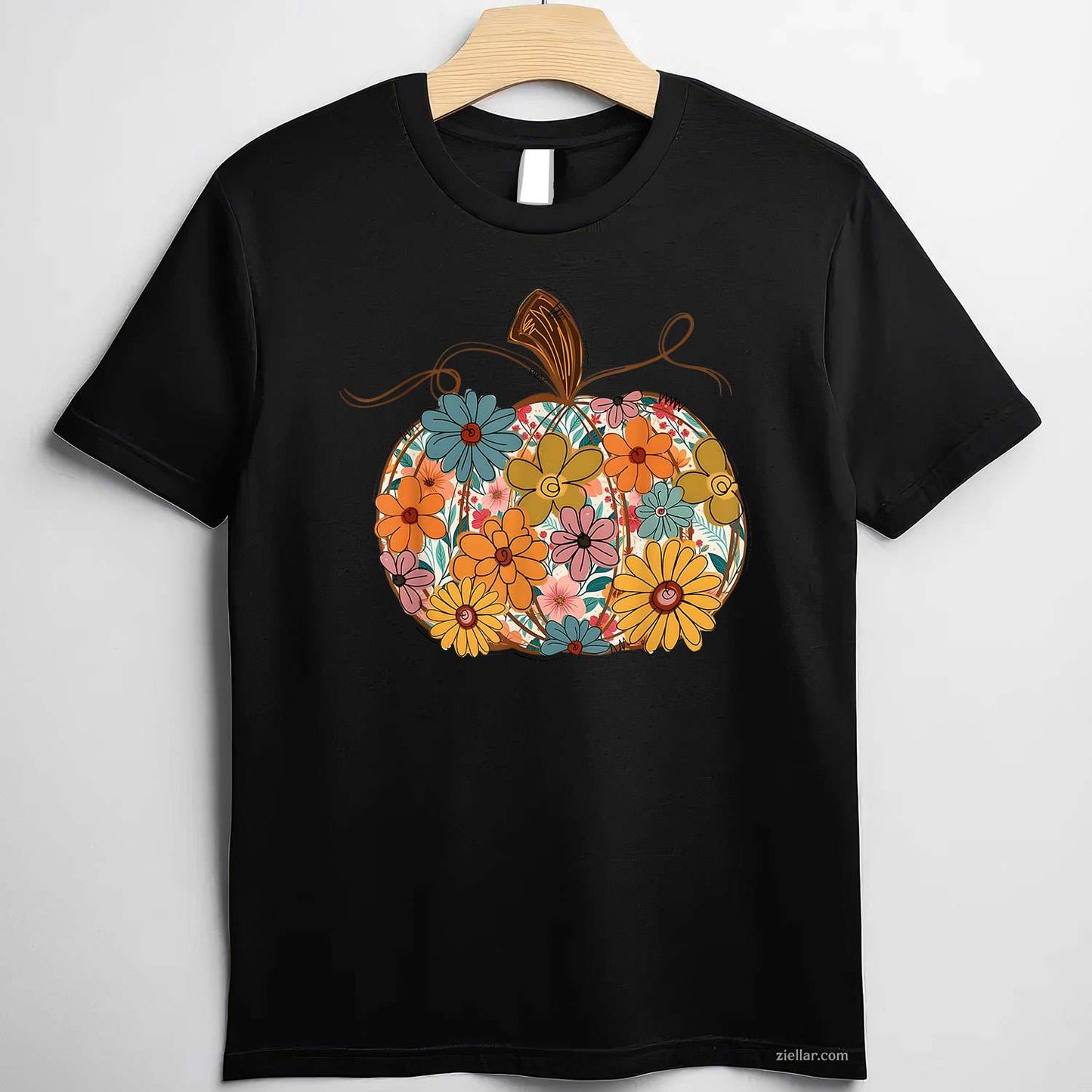 Pumpkin Floral Autumn Fall Season Wildflower Thanksgiving T-Shirt and Tee for Adults Men Women Unisex