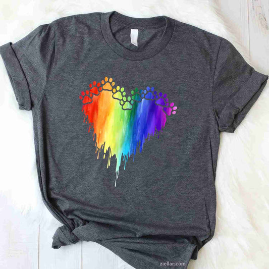 Puppy Lover Rainbow Paw Heart T-Shirt, Colorful Decor Dog Vintage Graphic Tee For Adults