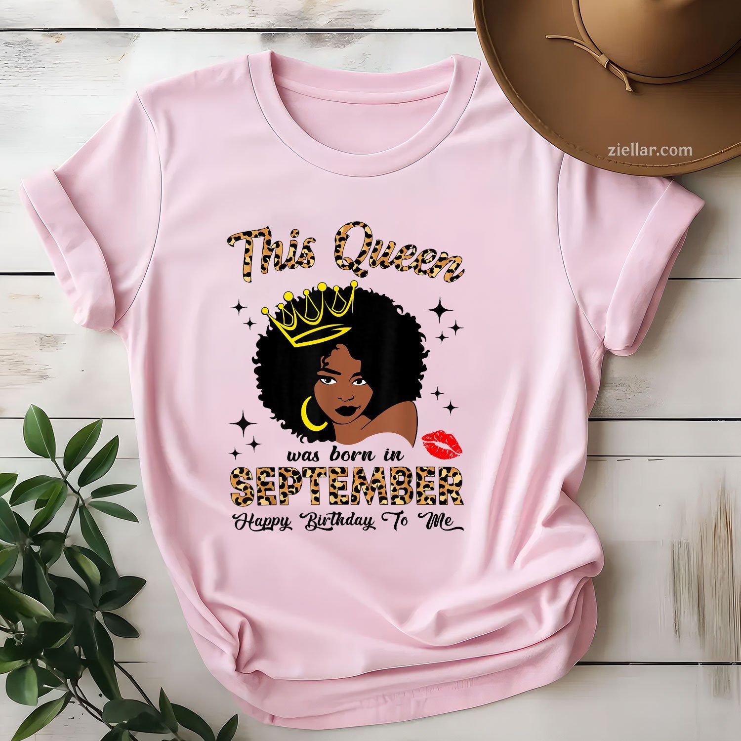 Queen Born in September Tee and T-Shirt, Leopard Afro Women’s Birthday T-Shirt Gift for Adults