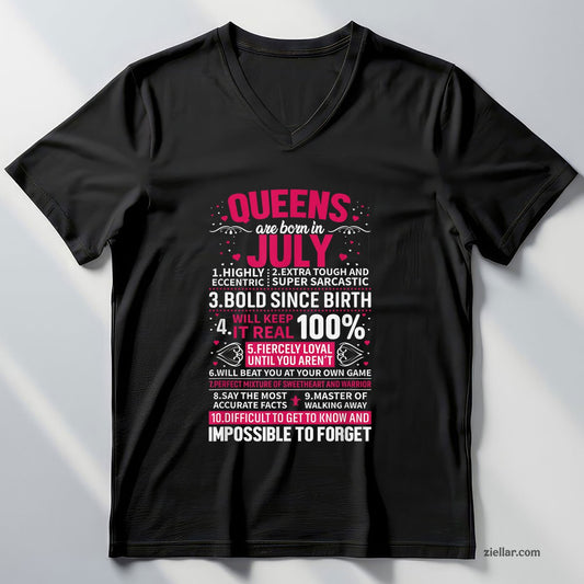 Queens Are Born in July V-Neck Shirt, Patriotic USA Independence Day Gift