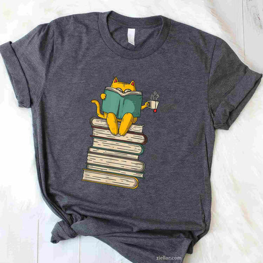 Reading Cat - Funny Book & Tea Lover Gift Short Sleeve T-Shirt