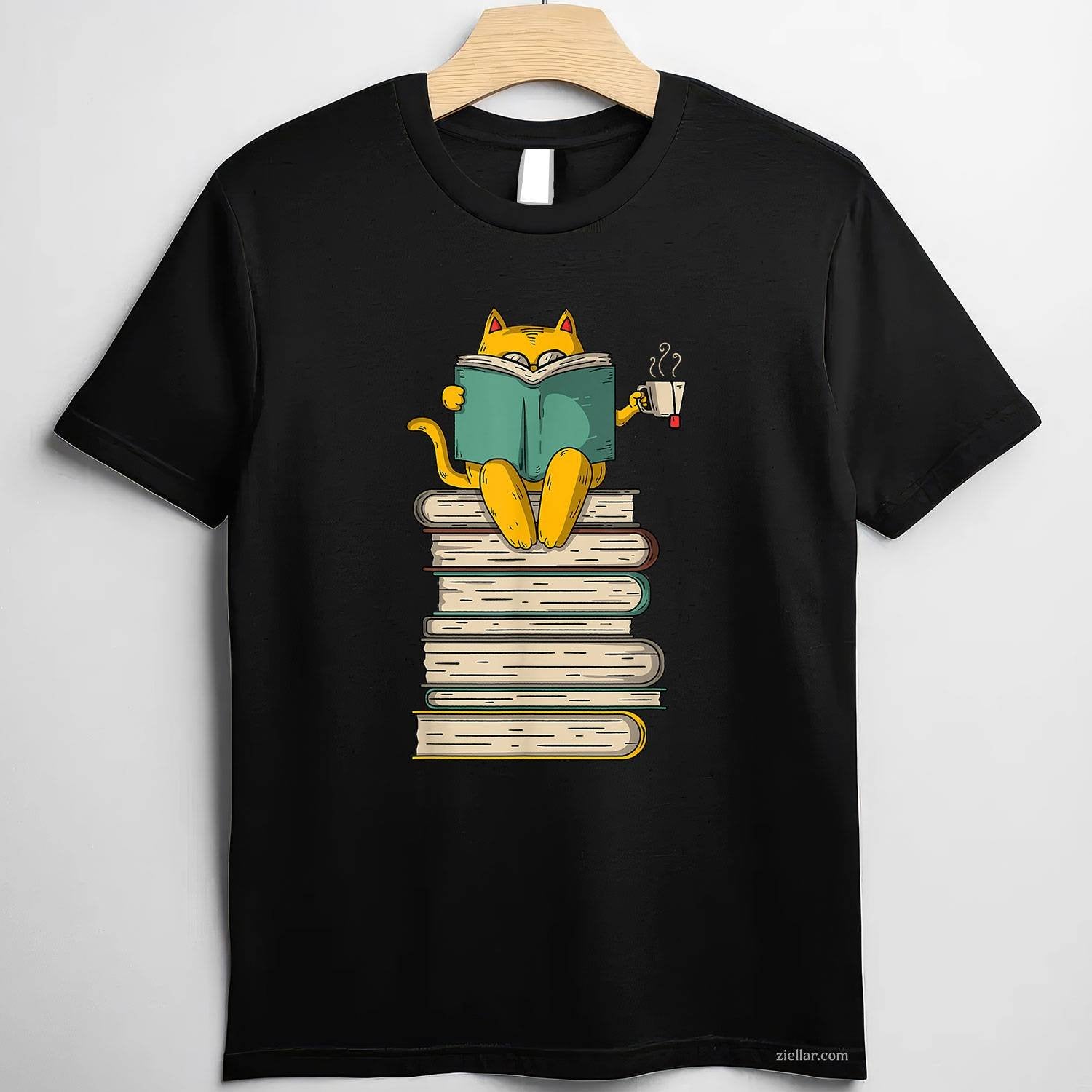 Reading Cat - Funny Book & Tea Lover Gift Short Sleeve T-Shirt