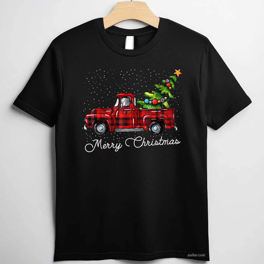 Red Buffalo Plaid Pickup Truck With Tree Merry Christmas T-Shirt, A Classic Buffalo Plaid Christmas Tree Tee