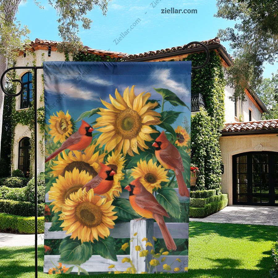 Red Cardinals Perched on Sunflowers Autumn Birds Floral Art Home Accent