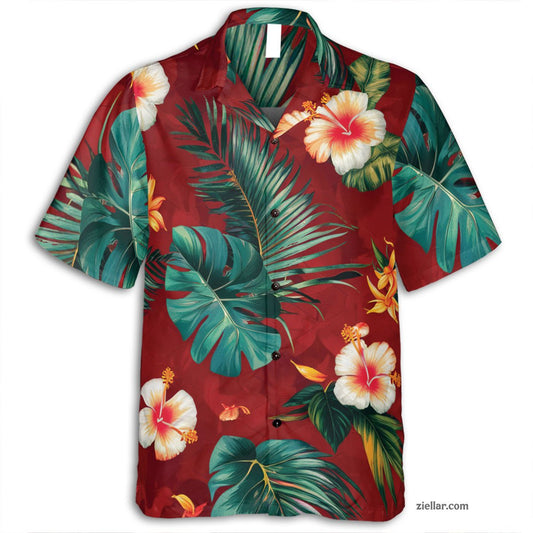 Red Flower Palm Hawaiian Shirt Tee, Summer Casual Vacation Shirt Unisex