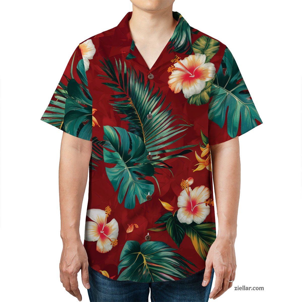 Red Flower Palm Hawaiian Shirt Tee, Summer Casual Vacation Shirt Unisex