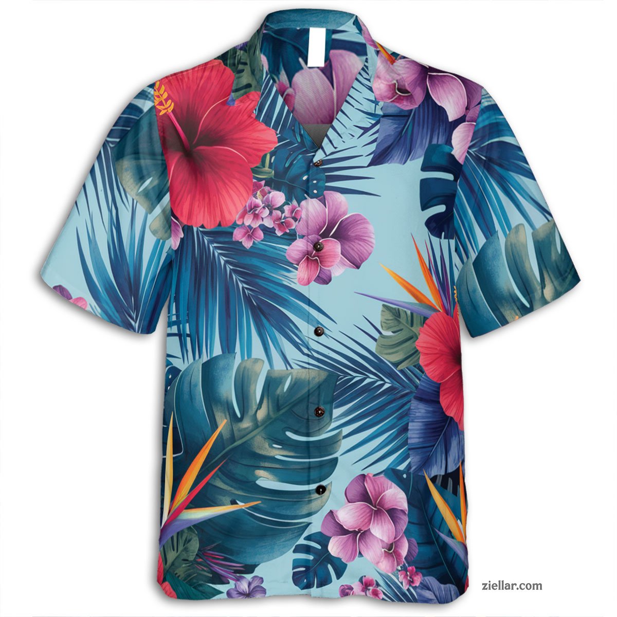 Red Hibiscus & Blue Leaves Hawaiian Shirt and Tee, Summer Outfit Adults