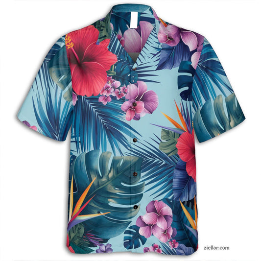 Red Hibiscus & Blue Leaves Hawaiian Shirt and Tee, Summer Outfit Adults