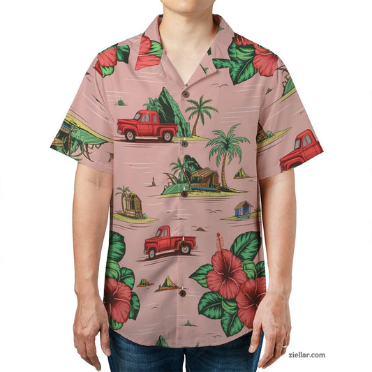 Red Hibiscus Retro Beach Scene Hawaiian Shirts for Men Women Vacation Gifts – Ideal for Poolside or Resort Days