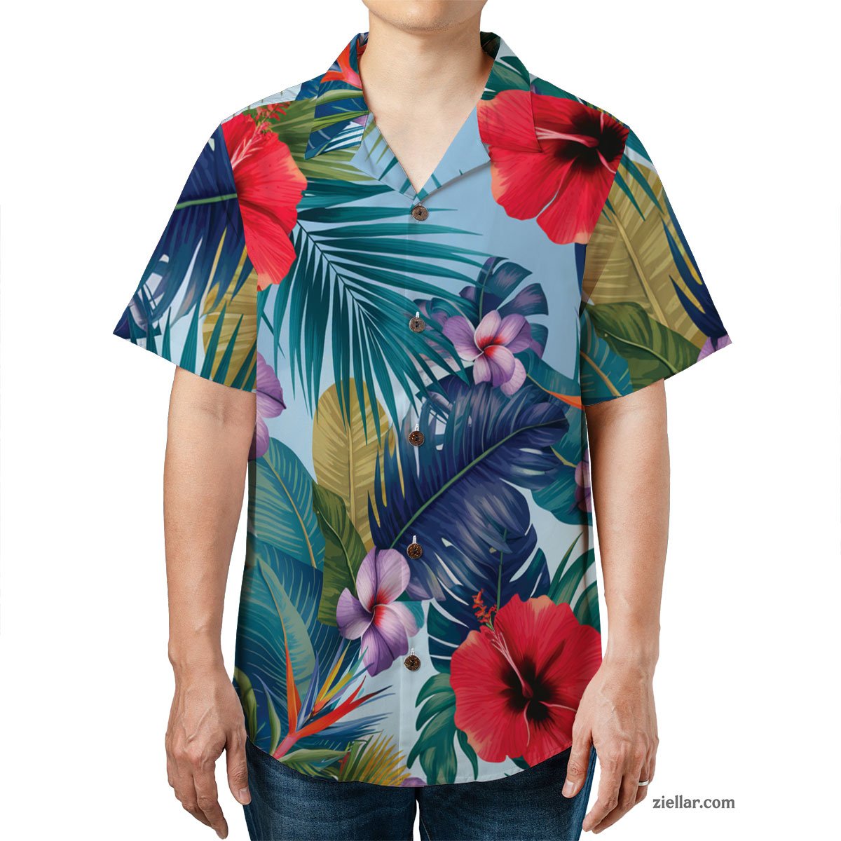 Red Hibiscus Blue Palm Hawaiian Shirt Tee, Tropical Aloha Beachwear Gift