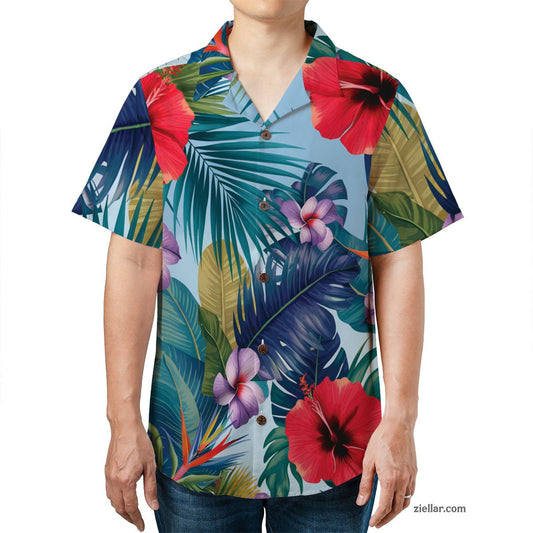 Red Hibiscus Blue Palm Hawaiian Shirt Tee, Tropical Aloha Beachwear Gift
