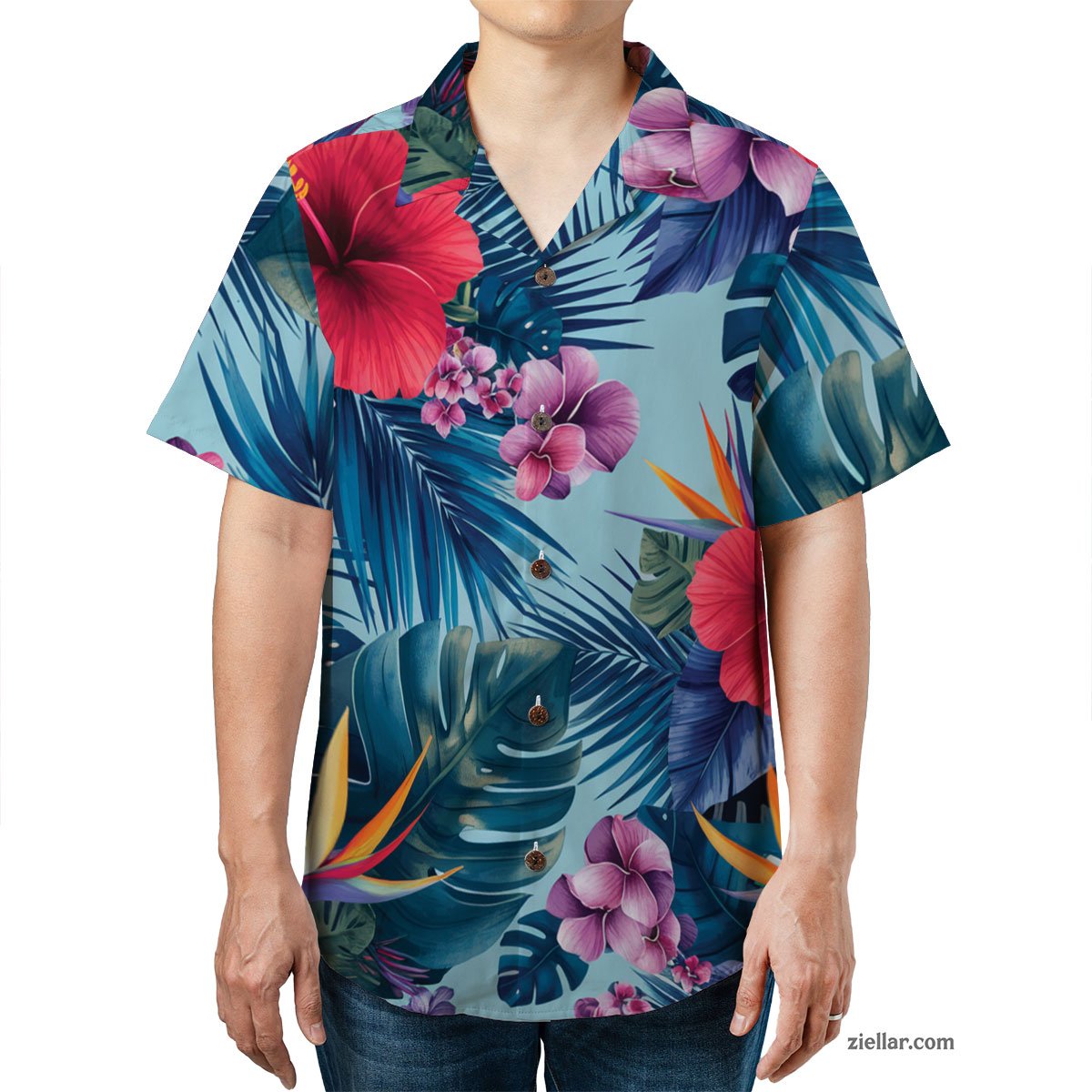 Red Hibiscus & Blue Leaves Hawaiian Shirt and Tee, Summer Outfit Adults