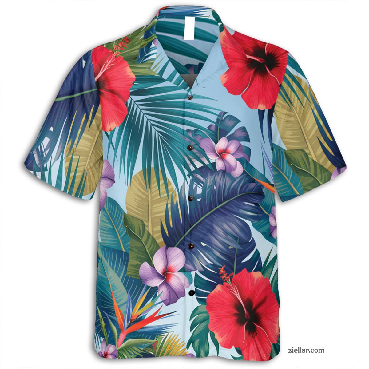 Red Hibiscus Blue Palm Hawaiian Shirt Tee, Tropical Aloha Beachwear Gift