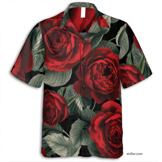 Red Rose Floral Hawaiian Shirt and Tee, Summer Beach Gift for Women Men