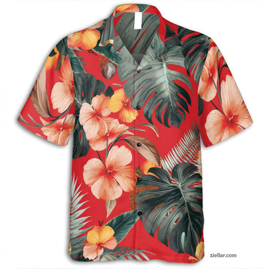 Red Tropical Leaf & Flower Hawaiian Shirt Tee, Summer Aloha Outfit Gift