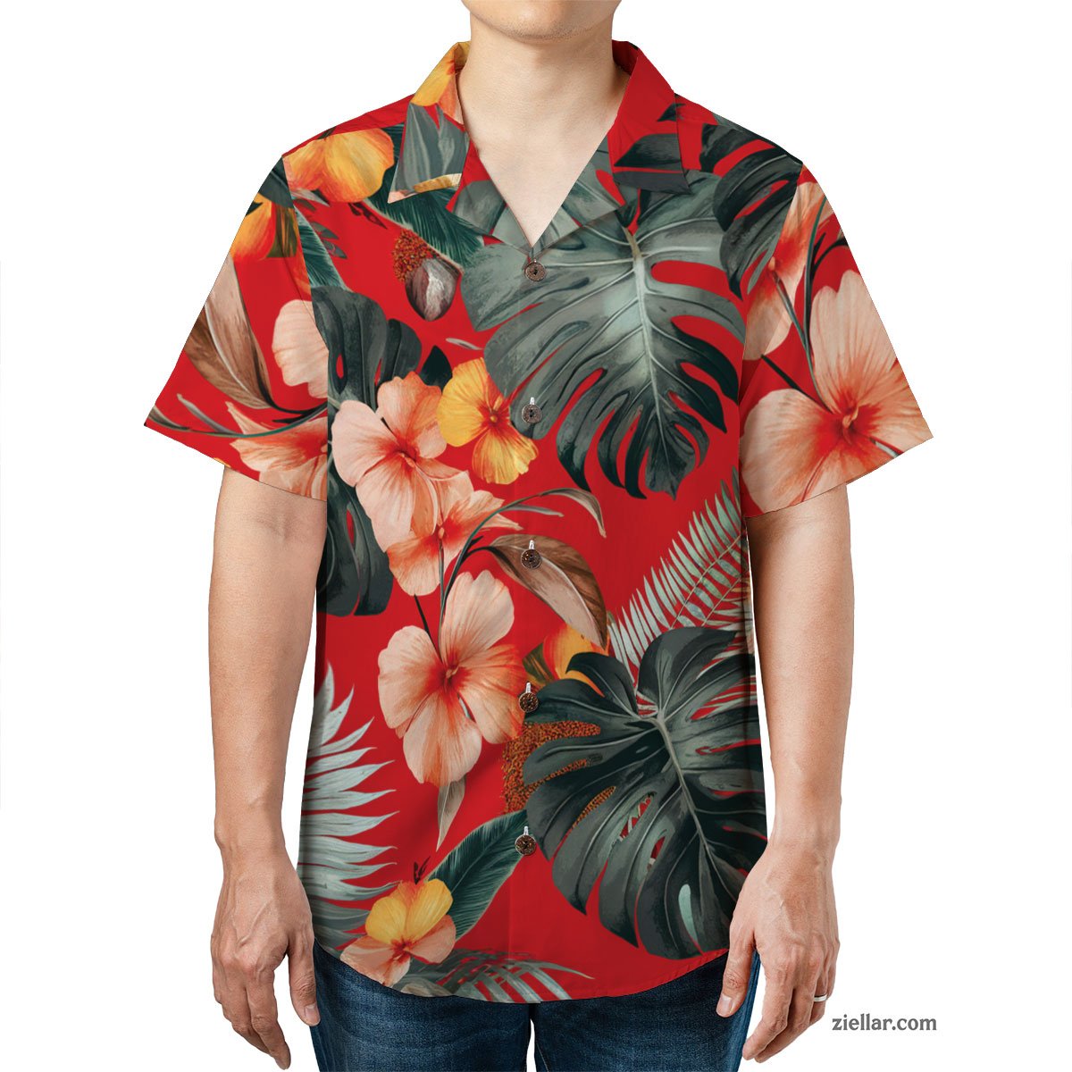 Red Tropical Leaf & Flower Hawaiian Shirt Tee, Summer Aloha Outfit Gift