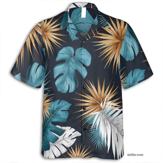 Relaxed Fit Aloha Tee and Hawaiian Shirt, Teal Gold White Leaf Print Unisex