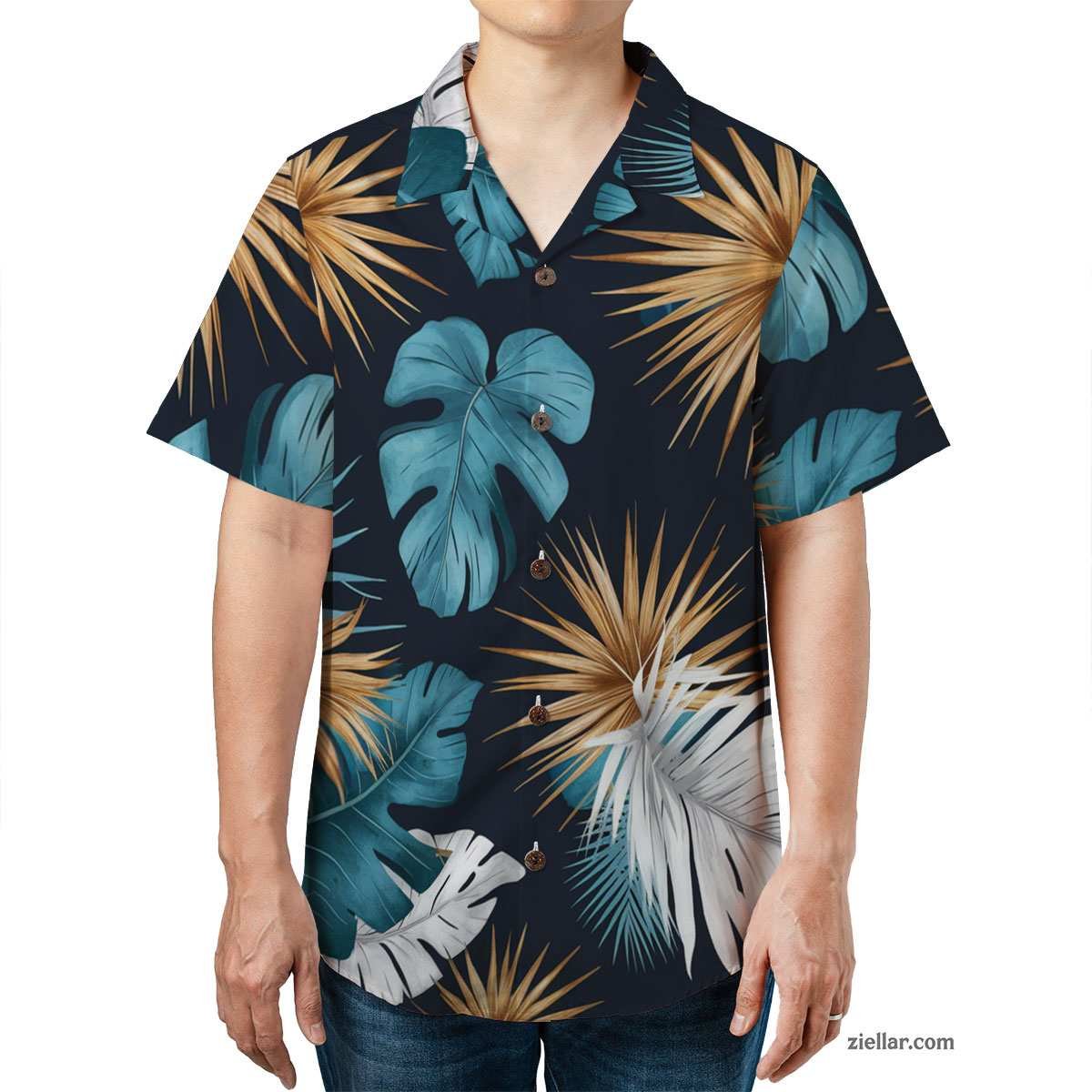 Relaxed Fit Aloha Tee and Hawaiian Shirt, Teal Gold White Leaf Print Unisex