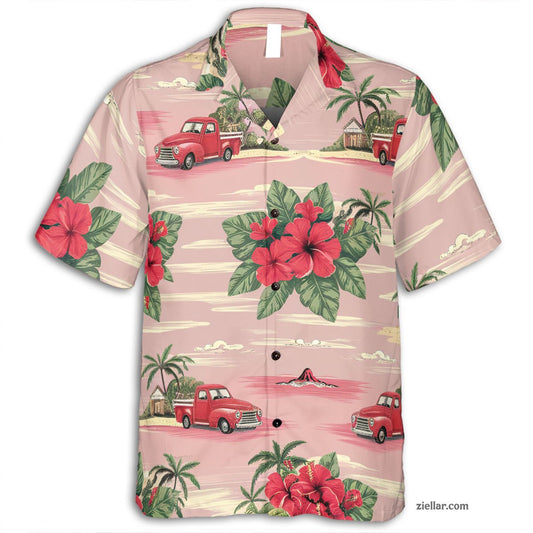 Retro Beach Scene with Red Hibiscus Seamless Pattern Hawaiian Shirts Men Women – Make a Statement This Summer