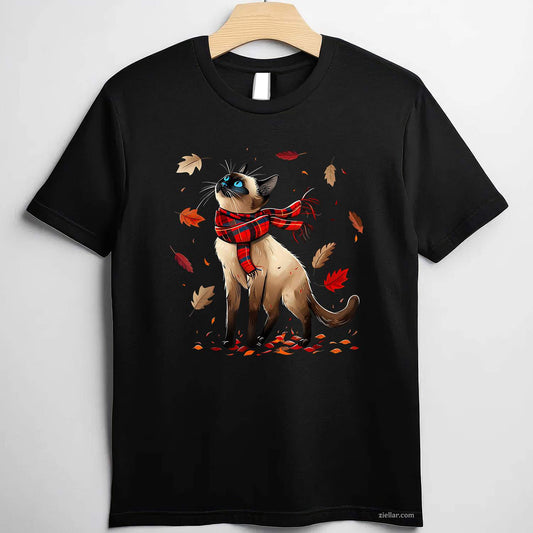 Retro Fall Leaf Siamese Cat Autumn Season Thanksgiving (kid) T-Shirt and Tee for Adults Men Women Unisex
