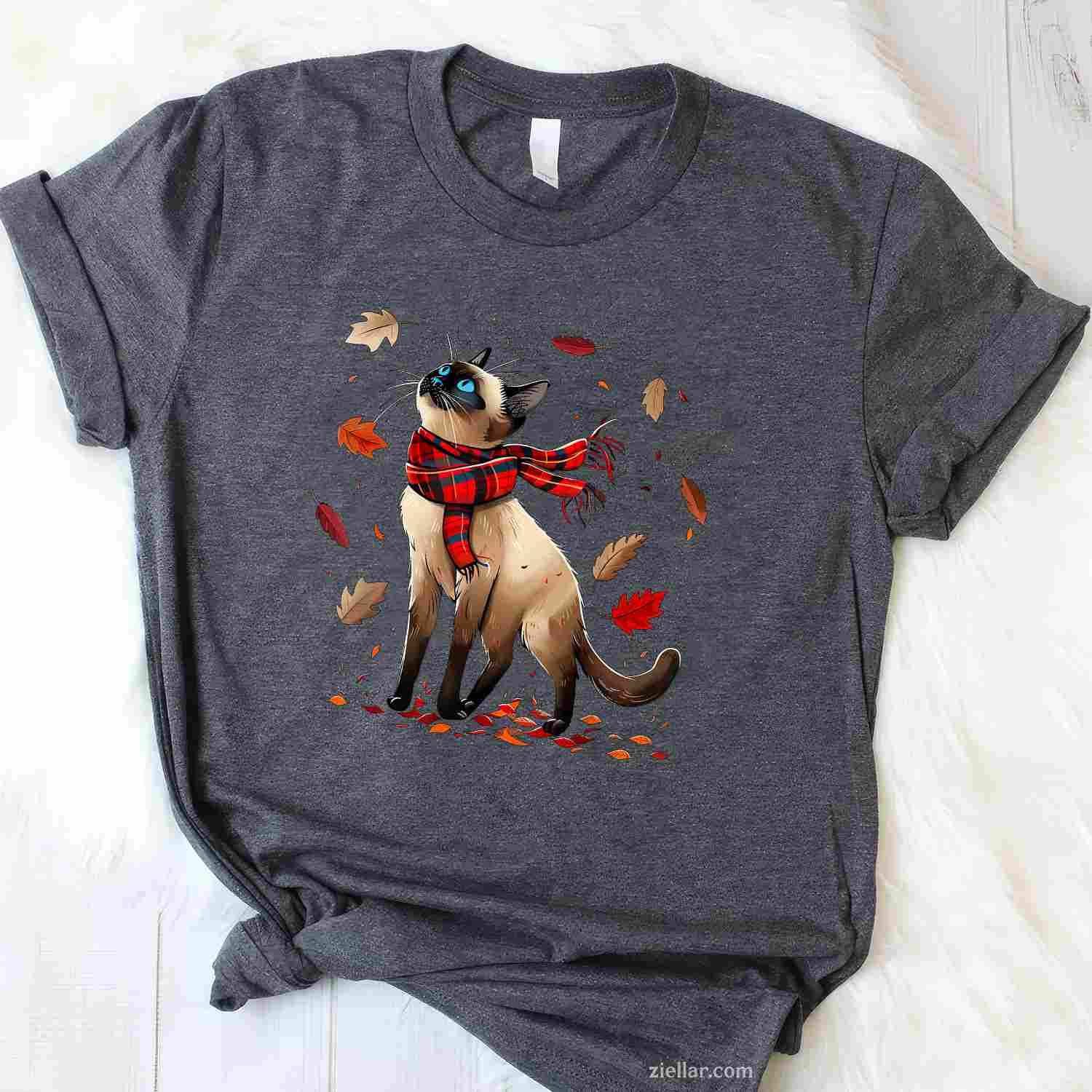 Retro Fall Leaf Siamese Cat Autumn Season Thanksgiving (kid) T-Shirt and Tee for Adults Men Women Unisex