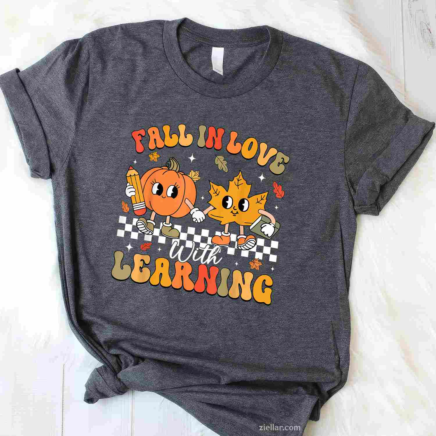 Retro Fall In Love With Learning Autumn Pumpkin Teacher T-Shirt and Tee for Adults Men Women Unisex