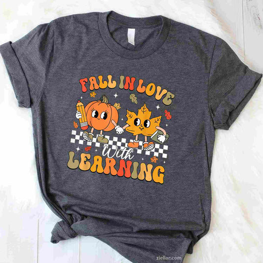 Retro Fall In Love With Learning Autumn Pumpkin Teacher T-Shirt and Tee for Adults Men Women Unisex