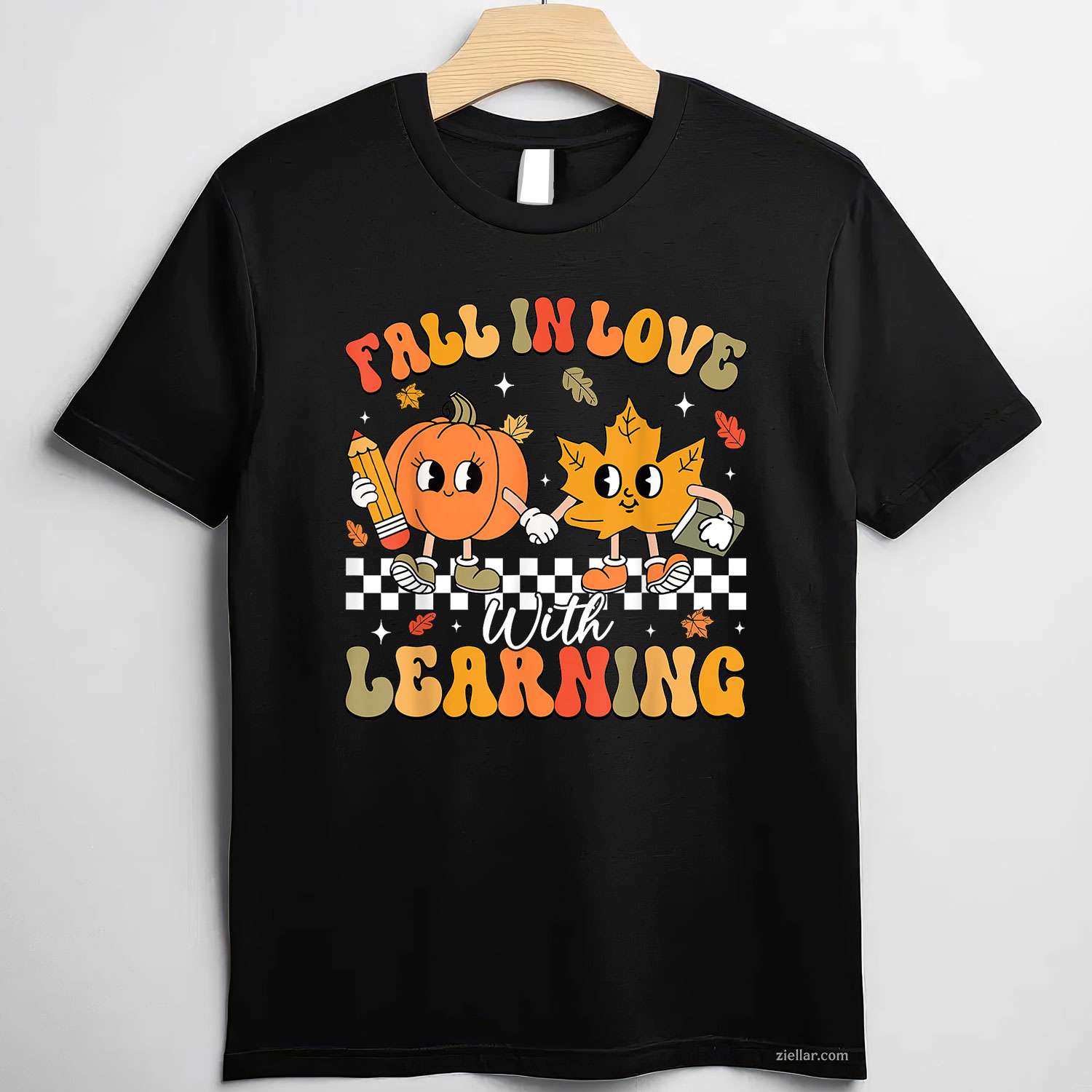 Retro Fall In Love With Learning Autumn Pumpkin Teacher T-Shirt and Tee for Adults Men Women Unisex