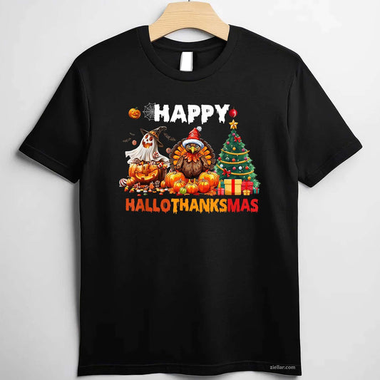 Retro Halloween Thanksgiving Christmas Happy HalloThanksMas Tee, Halloween T-Shirt for Men Women Adults Unisex, Aesthetic Streetwear Top, Soft Cotton Premium Print