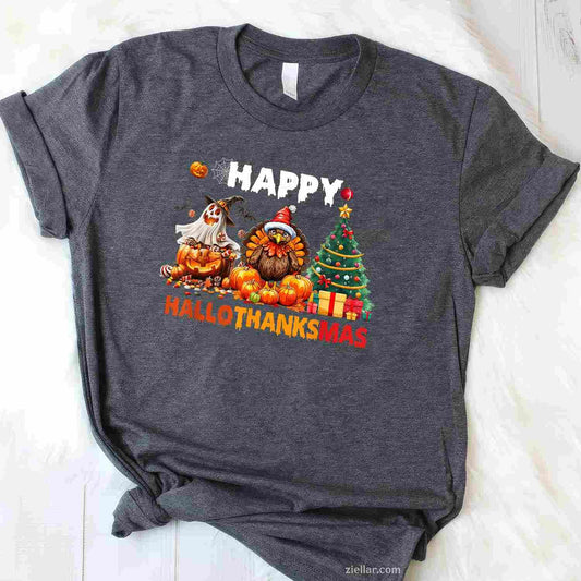 Retro Halloween Thanksgiving Christmas Happy HalloThanksMas Funny Graphic Tee and T-Shirt Gift for Adults Men Women Unisex Perfect Gift