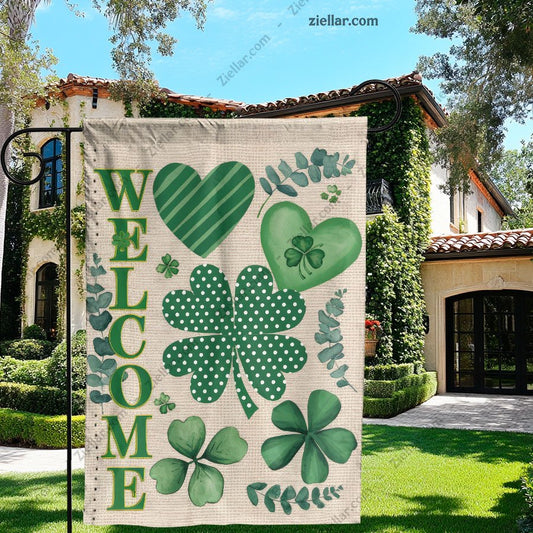 Rustic Welcome Garden Flag with Clover Hearts _ St. Patrick’s Day Yard Decor
