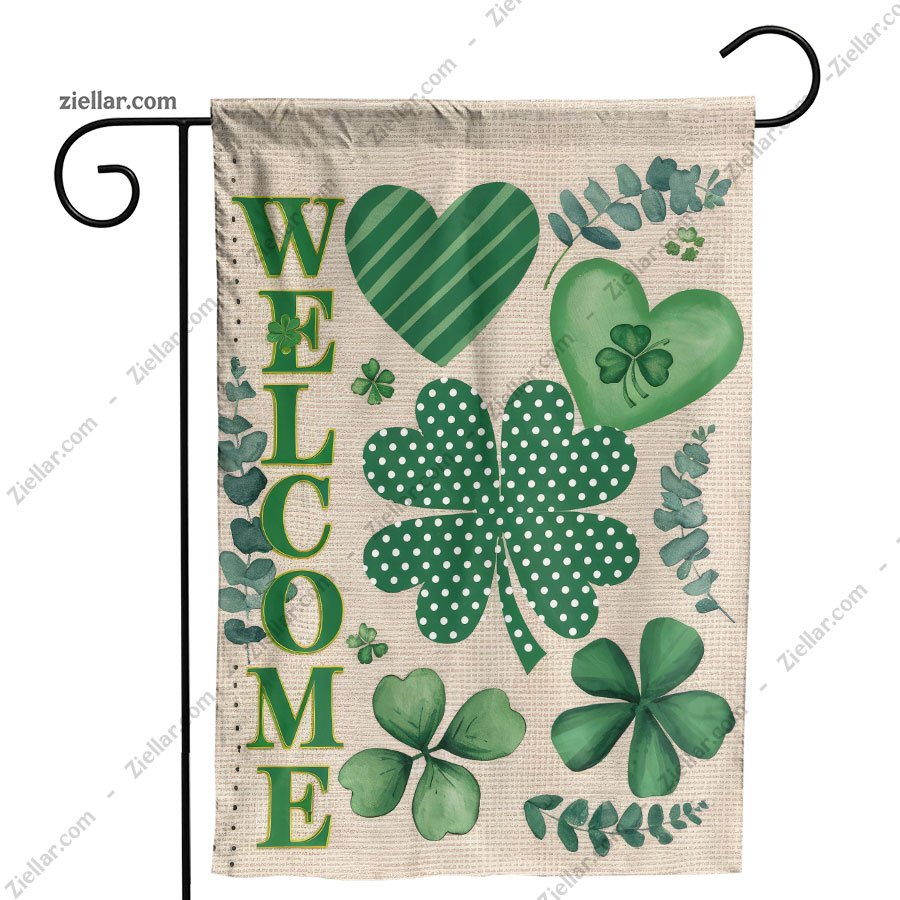 Rustic Welcome Garden Flag with Clover Hearts _ St. Patrick’s Day Yard Decor