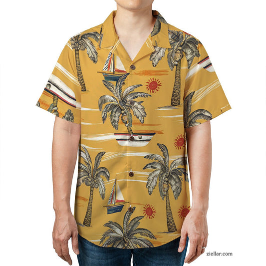 Sailboat and Palm Tree Hawaiian Shirt and Tee, Aloha Beach Shirt Adults