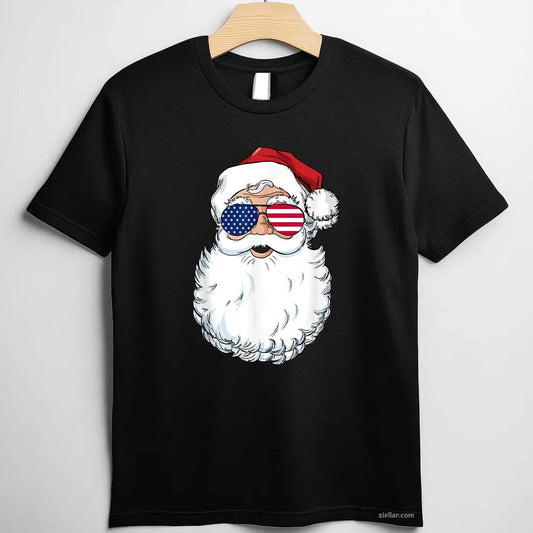 Santa Claus Patriotic Usa Sunglasses Christmas In July Santa T-Shirt, A Patriotic American Xmas In July Tee