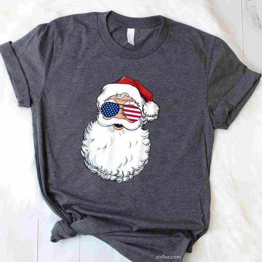 Santa Claus Patriotic Usa Sunglasses Christmas In July Santa T-Shirt, A Patriotic American Xmas In July Tee