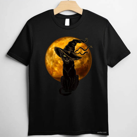 Scary Vintage Black Cat with Witch Hat Full Moon - Halloween Tee, Halloween T-Shirt for Men Women Adults Unisex, Bold Statement Graphic, Party Outfit Favorite