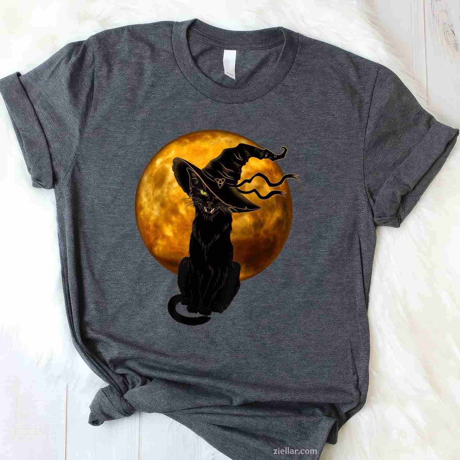 Scary Vintage Black Cat with Witch Hat Full Moon - Halloween Tee, Halloween T-Shirt for Men Women Adults Unisex, Bold Statement Graphic, Party Outfit Favorite