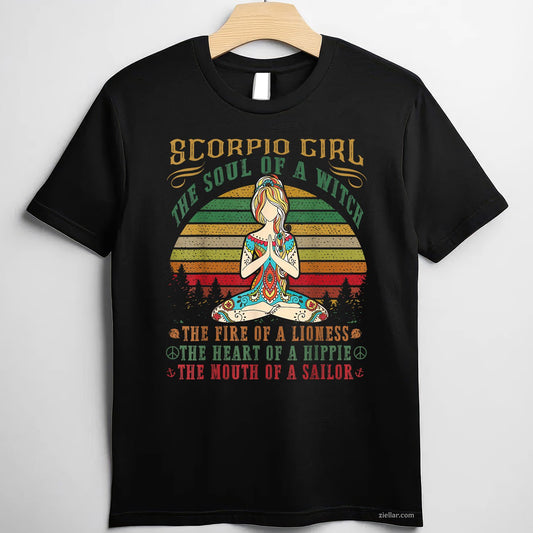 Scorpio Girl Yoga Tee and T-Shirt, Black Women Birthday Zodiac T-Shirt Gift for Adults