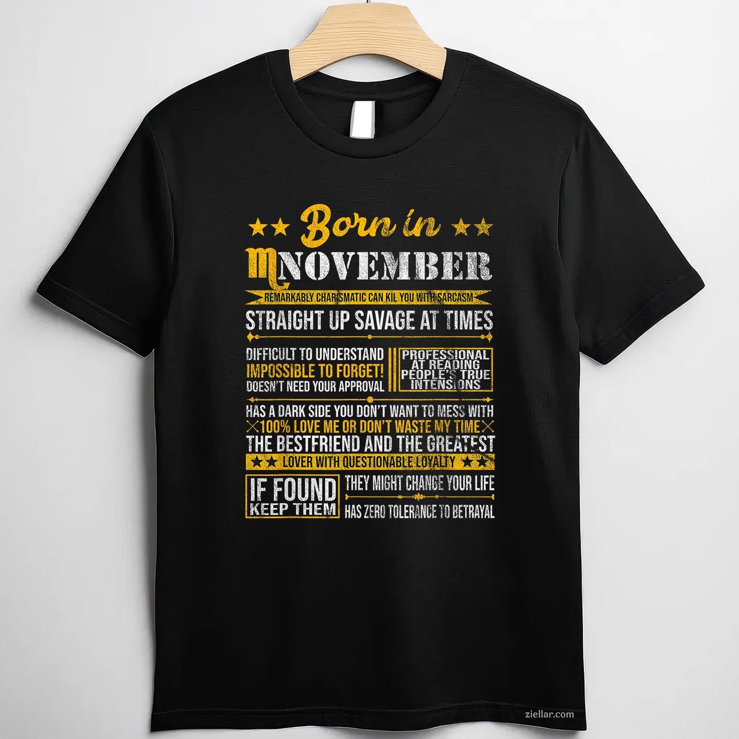 Scorpio Horoscope Tee and T-Shirt, Born in November Zodiac Birthday T-Shirt for Adults