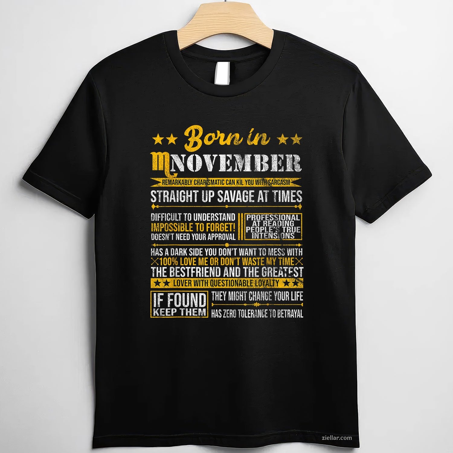 Scorpio Horoscope Tee and T-Shirt, Born in November Zodiac Birthday T-Shirt for Adults